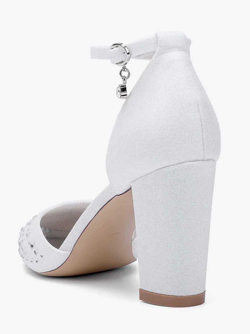 Chaussures de mariage blanches en satin et strass escarpins à bout pointu et talon épais