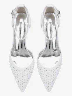 Chaussures de mariage blanches en satin et strass escarpins à bout pointu et talon épais