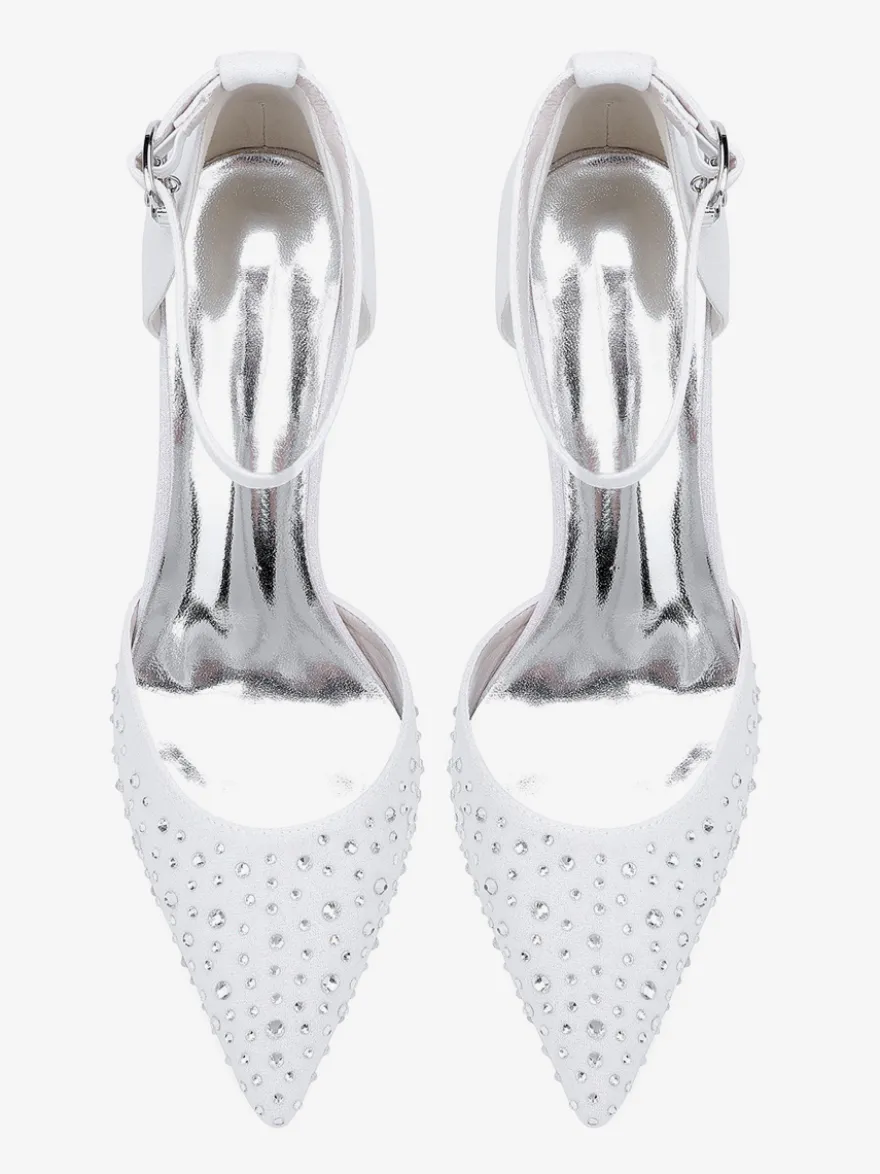 Chaussures de mariage blanches en satin et strass escarpins à bout pointu et talon épais