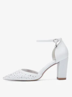 Chaussures de mariage blanches en satin et strass escarpins à bout pointu et talon épais