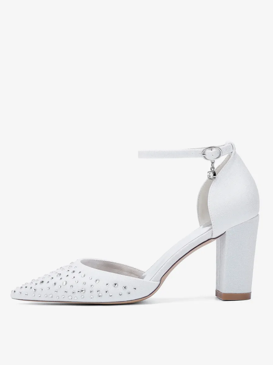 Chaussures de mariage blanches en satin et strass escarpins à bout pointu et talon épais