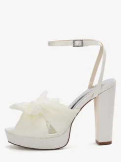 Chaussures de mariage blanches à plateforme bout ouvert nœud talon épais