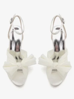 Chaussures de mariage blanches à plateforme bout ouvert nœud talon épais