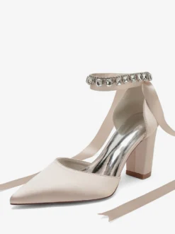 Chaussures De Mariage À Bretelle Escarpins De Mariée Satin Bout Pointu