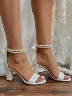 Chaussures de mariage en cuir PU avec perles ivoire et sandales de mariage à bout ouvert