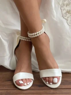 Chaussures de mariage en cuir PU avec perles ivoire et sandales de mariage à bout ouvert