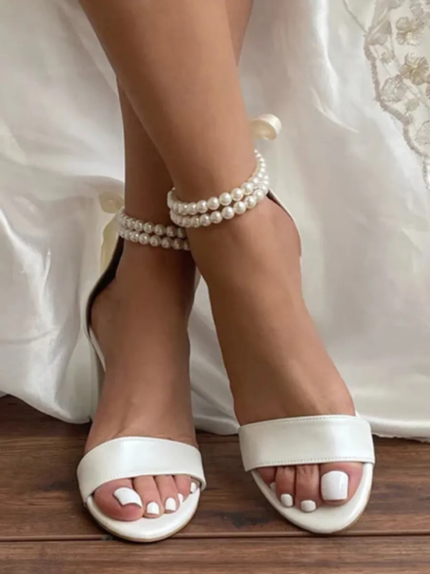 Chaussures de mariage en cuir PU avec perles ivoire et sandales de mariage à bout ouvert