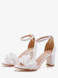 Chaussures De Mariage En Cuir PU Fleurs Blanches Sandales De Mariée À Bout Ouvert