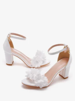 Chaussures De Mariage En Cuir PU Fleurs Blanches Sandales De Mariée À Bout Ouvert