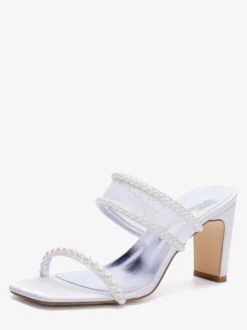 Chaussures de mariage en dentelle bout ouvert perles talons compensés pantoufles de mariée