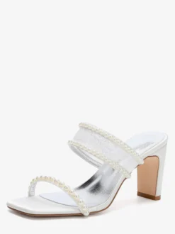Chaussures de mariage en dentelle bout ouvert perles talons compensés pantoufles de mariée