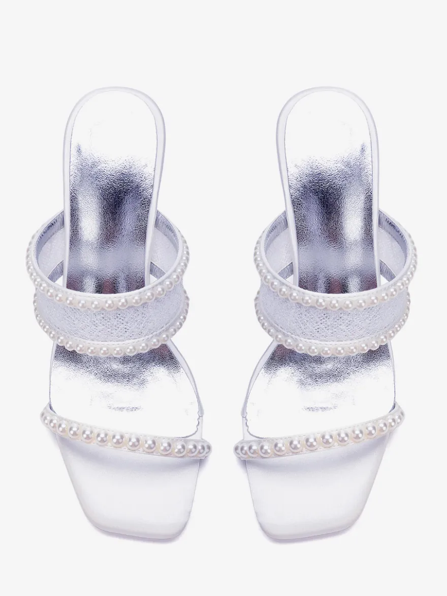 Chaussures de mariage en dentelle bout ouvert perles talons compensés pantoufles de mariée