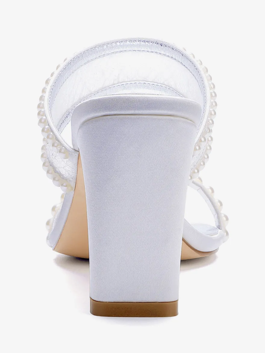 Chaussures de mariage en dentelle bout ouvert perles talons compensés pantoufles de mariée