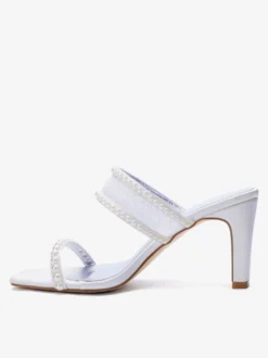 Chaussures de mariage en dentelle bout ouvert perles talons compensés pantoufles de mariée