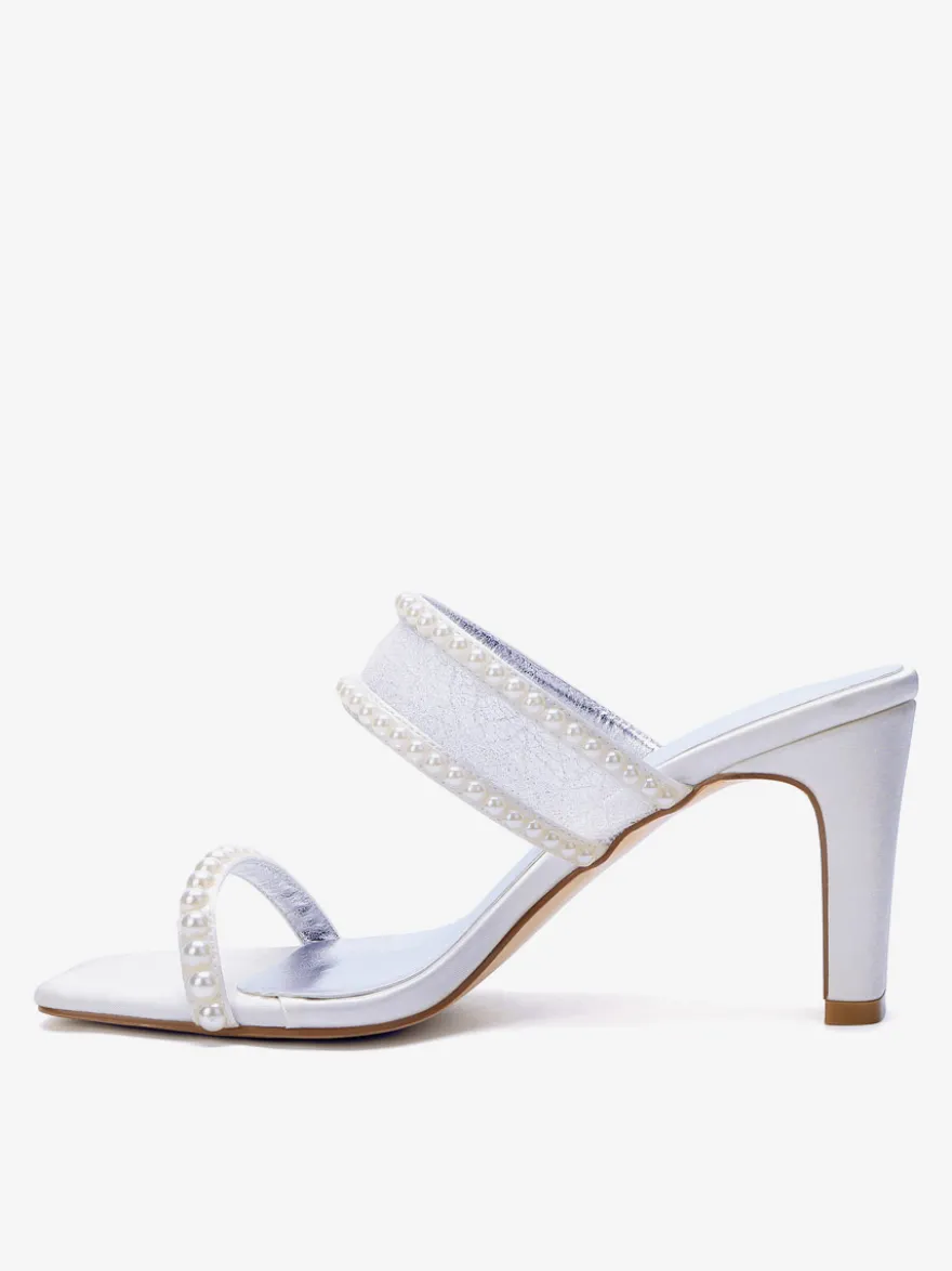 Chaussures de mariage en dentelle bout ouvert perles talons compensés pantoufles de mariée