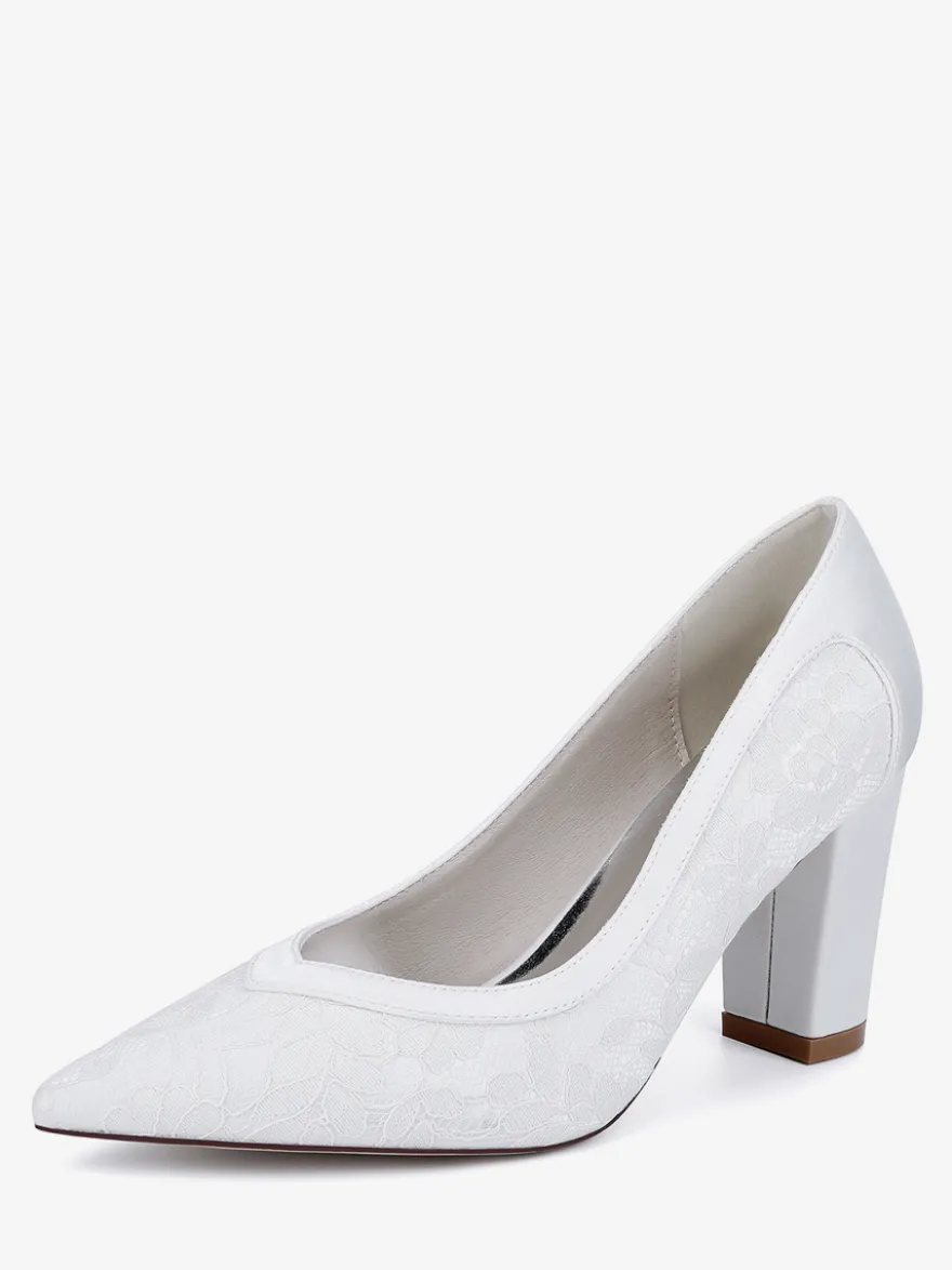 Chaussures de mariage en dentelle à bout pointu et talon épais