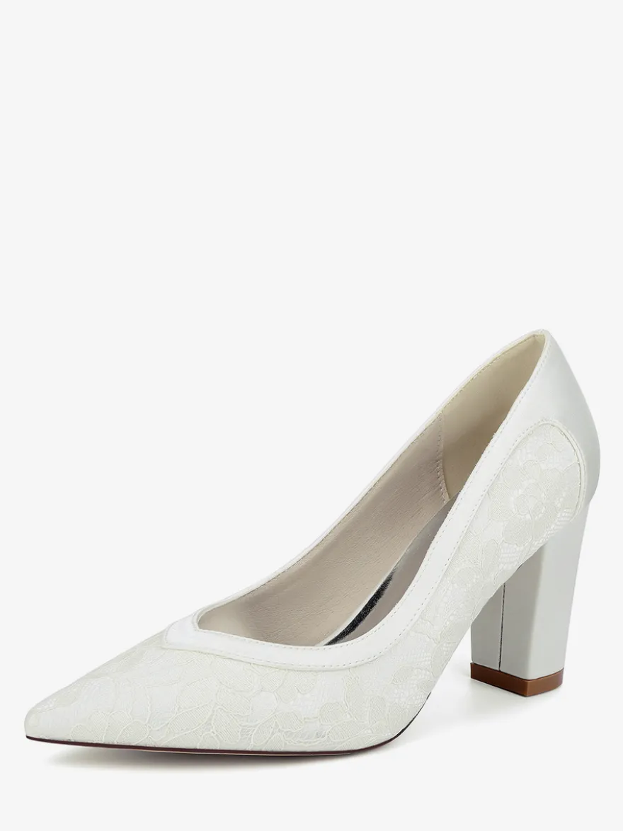 Chaussures de mariage en dentelle à bout pointu et talon épais