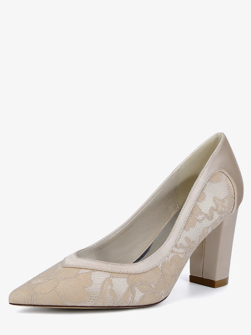 Chaussures de mariage en dentelle à bout pointu et talon épais