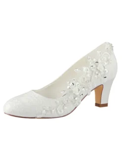 Chaussures de mariage en dentelle ivore à bout rond avec strass
