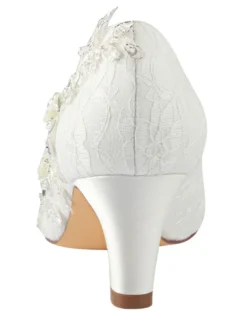 Chaussures de mariage en dentelle ivore à bout rond avec strass