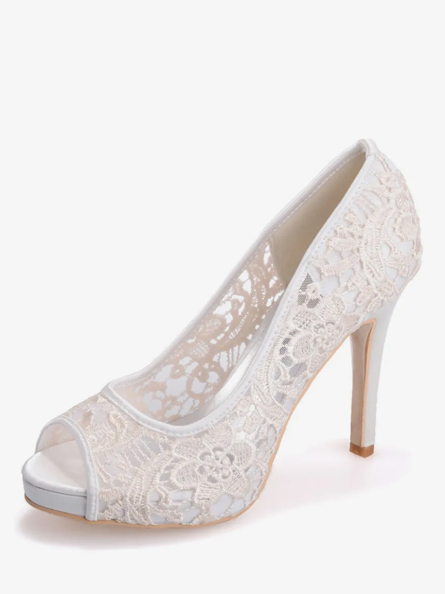 Chaussures de mariage en dentelle blanche Peep Toe Stiletto Heel Chaussures de mariée