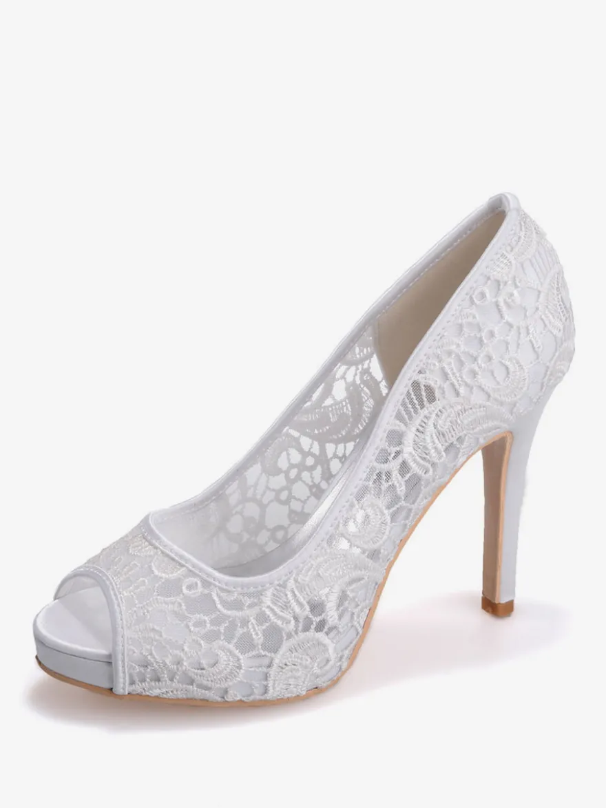 Chaussures de mariage en dentelle blanche Peep Toe Stiletto Heel Chaussures de mariée