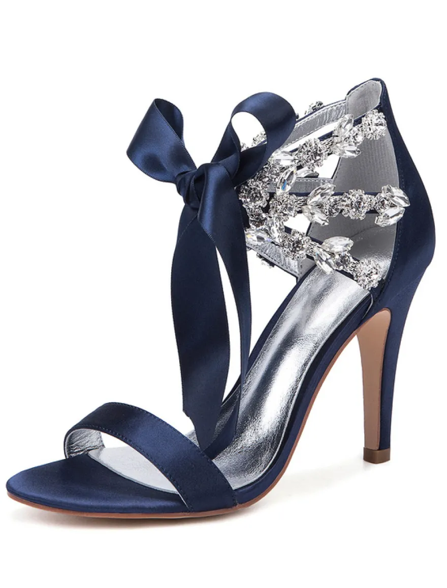 Chaussures de mariage en satin rouge strass bout ouvert lacets chaussures de mariée sandales à talons hauts