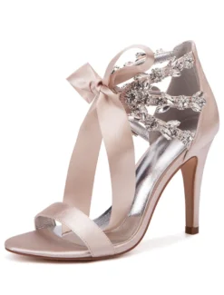 Chaussures de mariage en satin rouge strass bout ouvert lacets chaussures de mariée sandales à talons hauts
