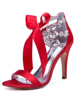 Chaussures de mariage en satin rouge strass bout ouvert lacets chaussures de mariée sandales à talons hauts
