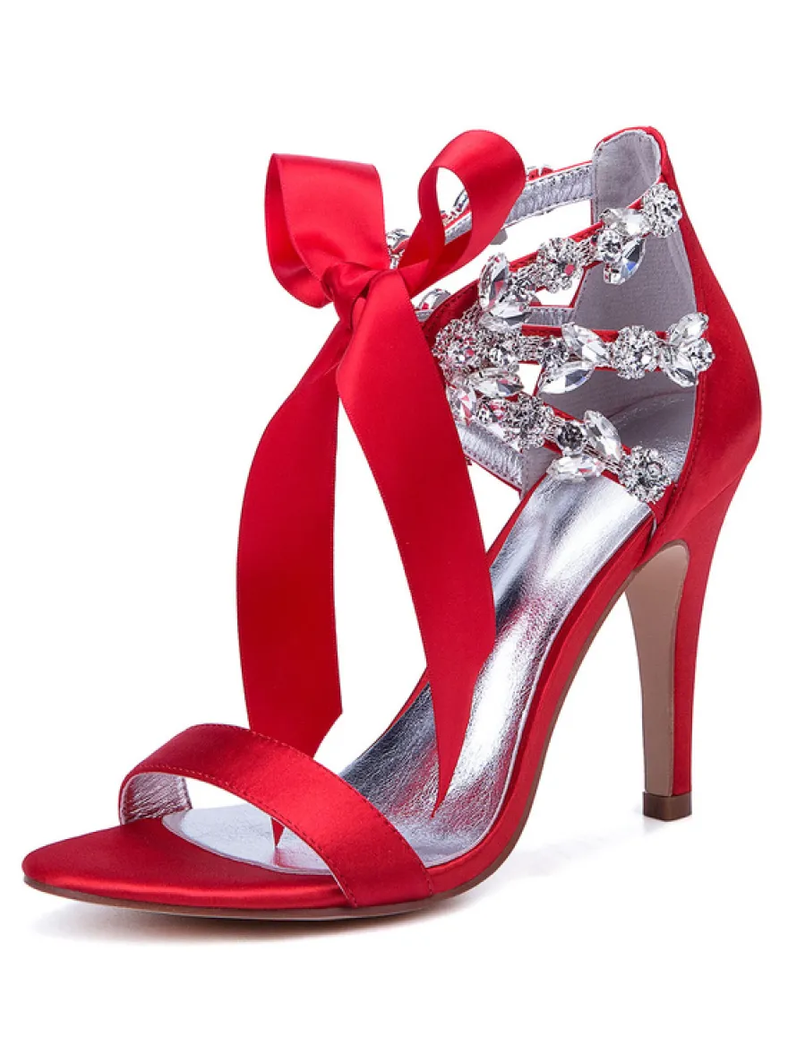 Chaussures de mariage en satin rouge strass bout ouvert lacets chaussures de mariée sandales à talons hauts