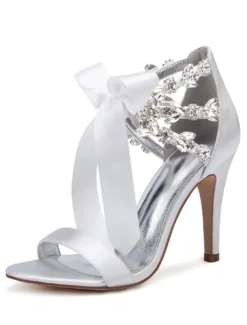 Chaussures de mariage en satin rouge strass bout ouvert lacets chaussures de mariée sandales à talons hauts