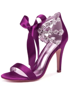 Chaussures de mariage en satin rouge strass bout ouvert lacets chaussures de mariée sandales à talons hauts