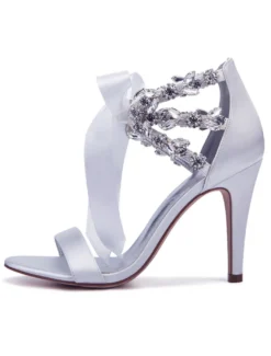 Chaussures de mariage en satin rouge strass bout ouvert lacets chaussures de mariée sandales à talons hauts