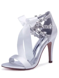 Chaussures de mariage en satin rouge strass bout ouvert lacets chaussures de mariée sandales à talons hauts