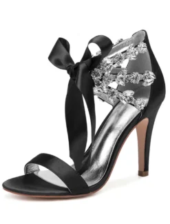 Chaussures de mariage en satin rouge strass bout ouvert lacets chaussures de mariée sandales à talons hauts