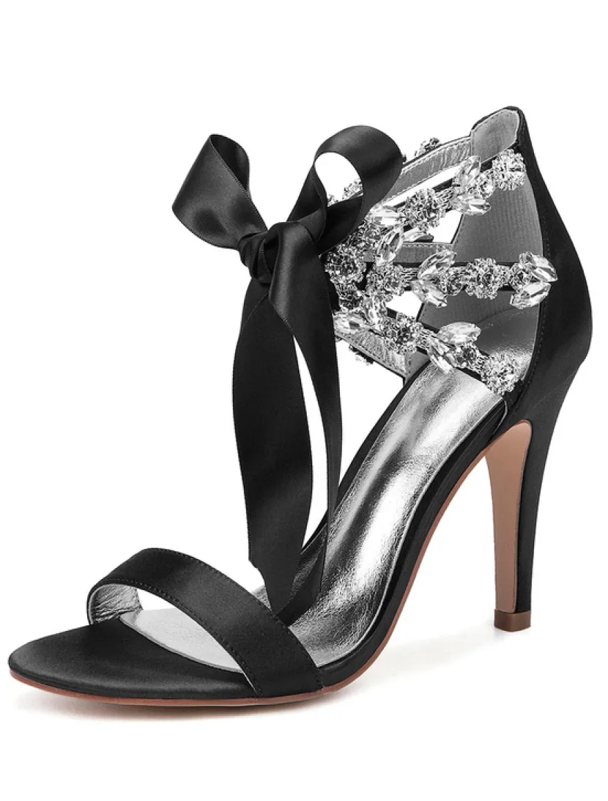 Chaussures de mariage en satin rouge strass bout ouvert lacets chaussures de mariée sandales à talons hauts
