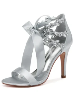 Chaussures de mariage en satin rouge strass bout ouvert lacets chaussures de mariée sandales à talons hauts