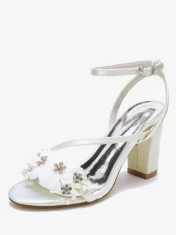 Chaussures De Mariage En Satin Bride Blanc Fleurs En Métal Sandales De Mariée À Bout Ouvert