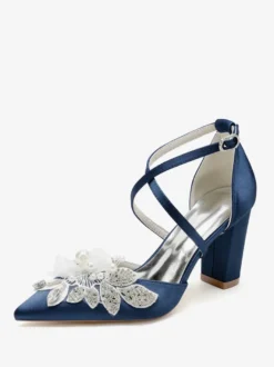 Chaussures De Mariage Escarpins De Mariée Satin Bout Pointu Strass Perle À Talon