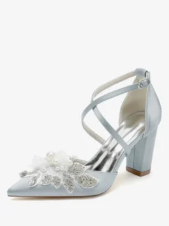 Chaussures De Mariage Escarpins De Mariée Satin Bout Pointu Strass Perle À Talon