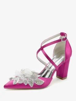 Chaussures De Mariage Escarpins De Mariée Satin Bout Pointu Strass Perle À Talon