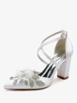 Chaussures De Mariage Escarpins De Mariée Satin Bout Pointu Strass Perle À Talon
