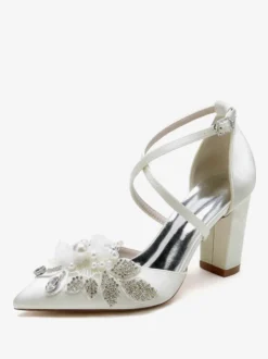 Chaussures De Mariage Escarpins De Mariée Satin Bout Pointu Strass Perle À Talon