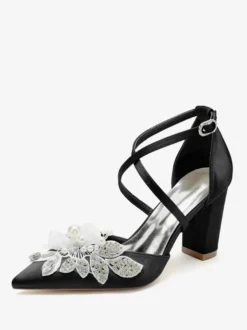 Chaussures De Mariage Escarpins De Mariée Satin Bout Pointu Strass Perle À Talon