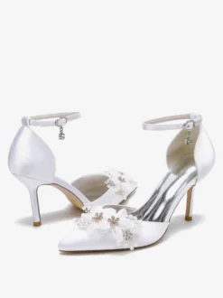 Chaussures De Mariage Escarpins De Mariée Fleur Bride En Satin À Bout Pointu