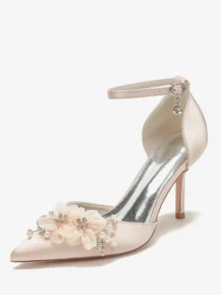 Chaussures De Mariage Escarpins De Mariée Fleur Bride En Satin À Bout Pointu