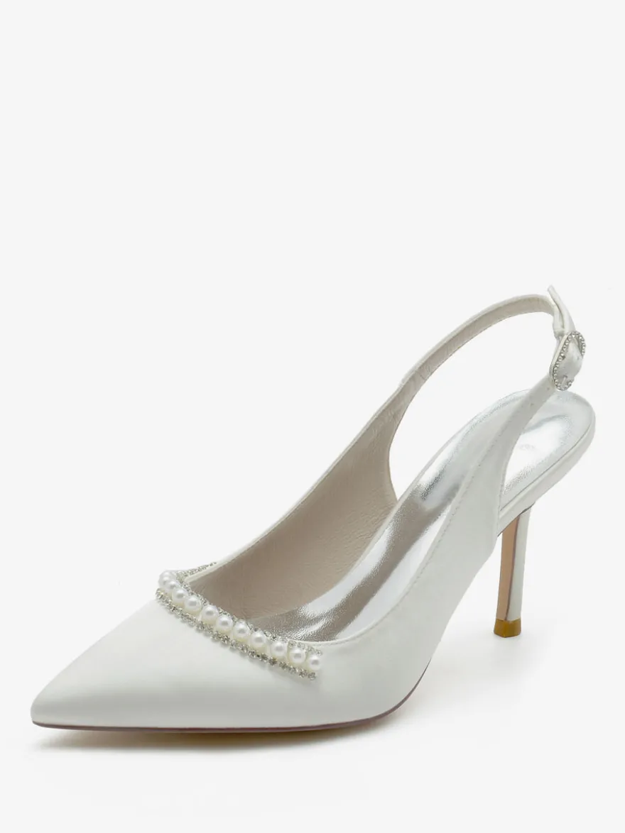 Chaussures de mariage Escarpins de mariée Soie et satin Bout pointu Perles