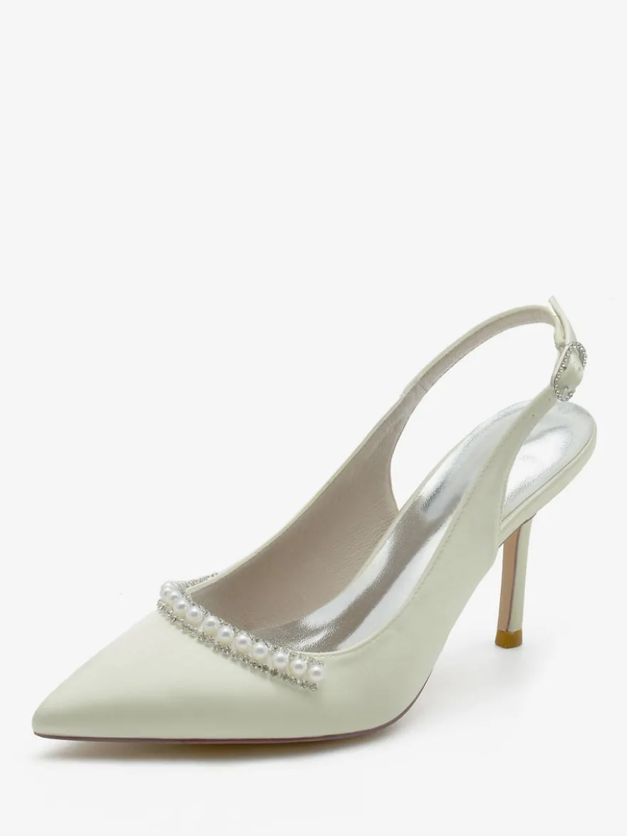 Chaussures de mariage Escarpins de mariée Soie et satin Bout pointu Perles