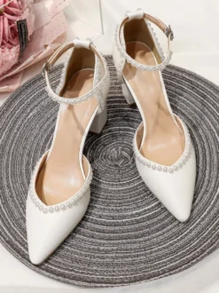 Chaussures De Mariage Escarpins De Mariée Lacet à Cheville Talon Carré Bout Pointu Perles