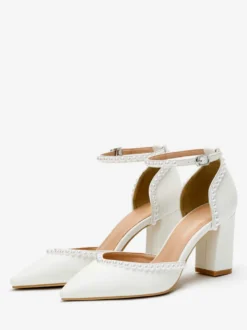 Chaussures De Mariage Escarpins De Mariée Lacet à Cheville Talon Carré Bout Pointu Perles
